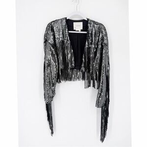 Anthropologie Sequin Fringe Cropped Open Front Jacket Silver Boho Sz XS